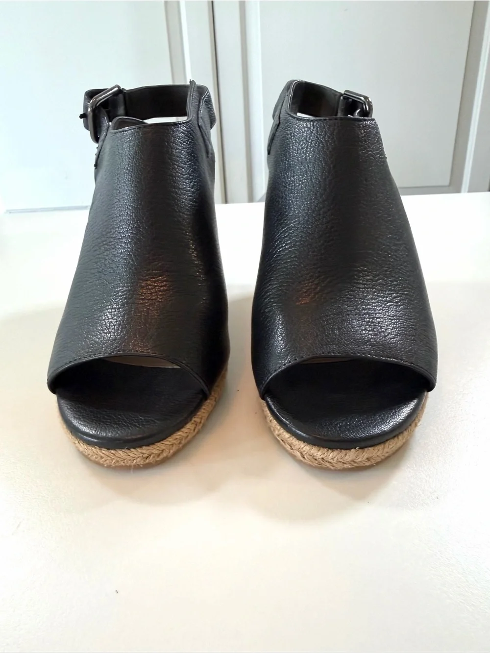 Via Spiga Ingrid Black Leather Espadrille Wedge Sandals US 7